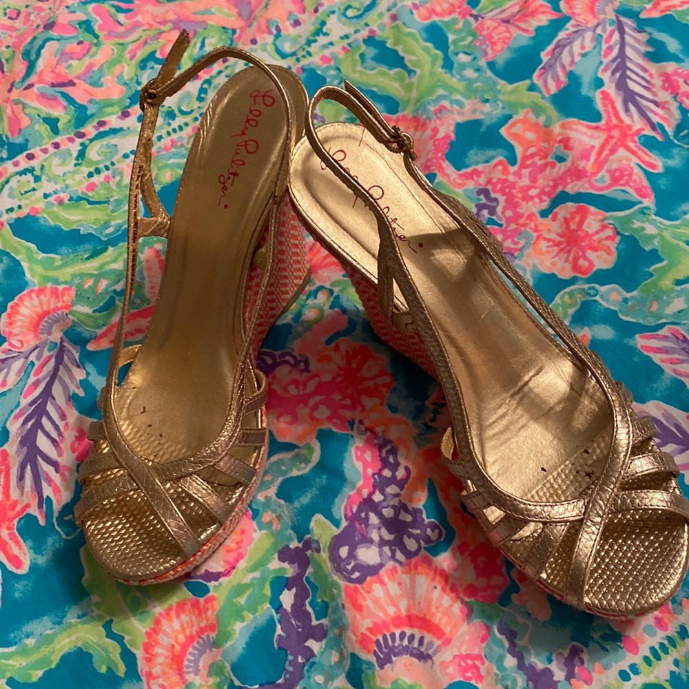 Lilly Pulitzer herringbone gold wedge sandals